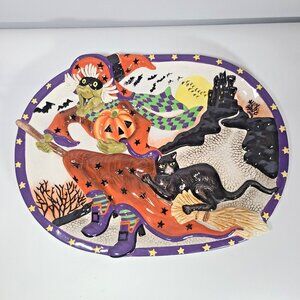 Fitz & Floyd Witch Hazel black cat large platter castle bat pumpkin Halloween